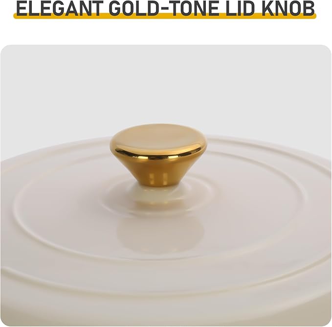Enameled Cast Iron Dutch Oven, Ceramic White, 6 Quart, with Gold-Tone Lid Knob and Silicone Oven Mitts