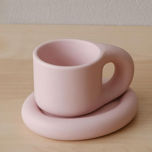 WENSHUO Chubby Funny Coffee Mug, Novelty Cute Cup and Saucer, Matte Cr챔me, 9 oz (Matte Soft Pink)