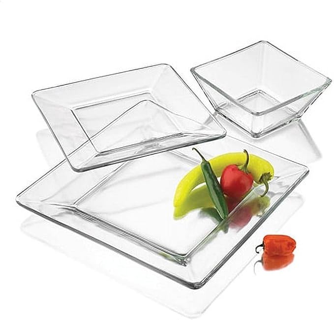 Glass Dinnerware Set - 12-Piece Complete Set (4 Dinner Plates, 4 Salad Plates, 4 Bowls) | Dishwasher Safe, Stackable, Clear Glass for Casual Meals & Table Decoration