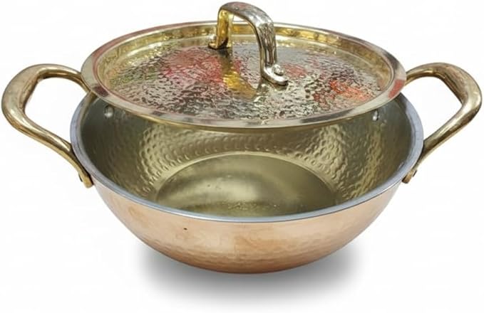 Pure Brass Hammered Kadai with Lid, Tin Coated Interior, 1.5 Liter Traditional Indian Cooking Pan, Gas Stove Compatible