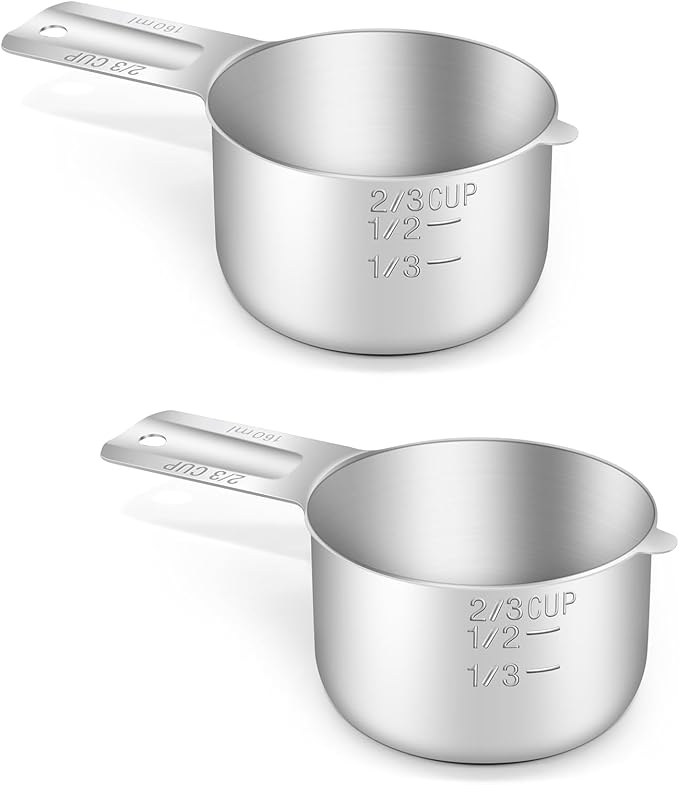 BERYLER 2PCS 2/3Cup (160ml, 5.3oz) Single Measuring Cup, Stainless Steel Measure Scoop, Metric and US Measurement, Dishwasher Safe