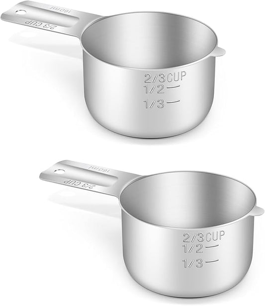 BERYLER 2PCS 2/3Cup (160ml, 5.3oz) Single Measuring Cup, Stainless Steel Measure Scoop, Metric and US Measurement, Dishwasher Safe