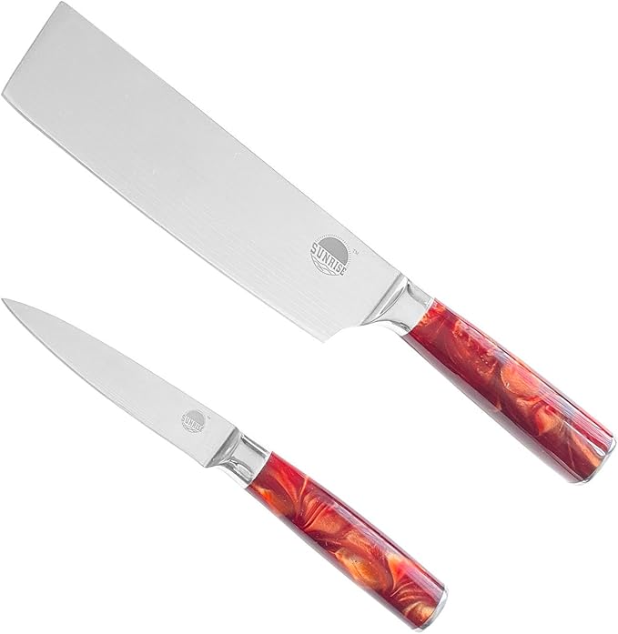 Professional 2-Piece Kitchen Knife Set, Nakiri and Paring Knives, Stainless Steel with Red Marbled Handle (Red)