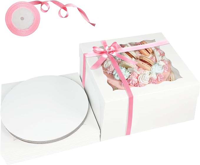 qiqee White 10x10x8 Cake Box, 18 Sets Cake Box with Window 竊?18 Sets 10" Cake Round Boards, 10inch Cake Containers, 10 Meters Pink Silk Ribbon Includes