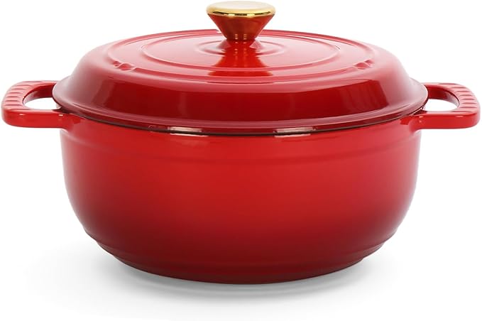 ROVSUN 5 Quart Enameled Cast Iron Dutch Oven with Lid, Dual Handles, Oven Safe up to 500째F or on Stovetop, Compatible for Braising, Stews, Roasting, Bread Baking-Red