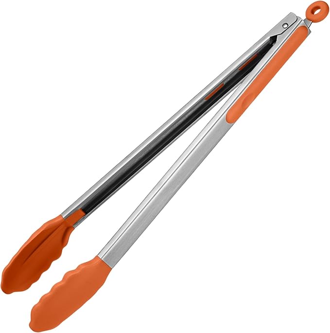 600쨘F Heat Resistant Kitchen Tongs: U-Taste 16 inch Extra Long Large Silicone Cooking Tong with Sturdy Non Stick Rubber Tips & Non Slip Silicon Coated 18/8 Stainless Steel Handle for Grill BBQ(Orange)