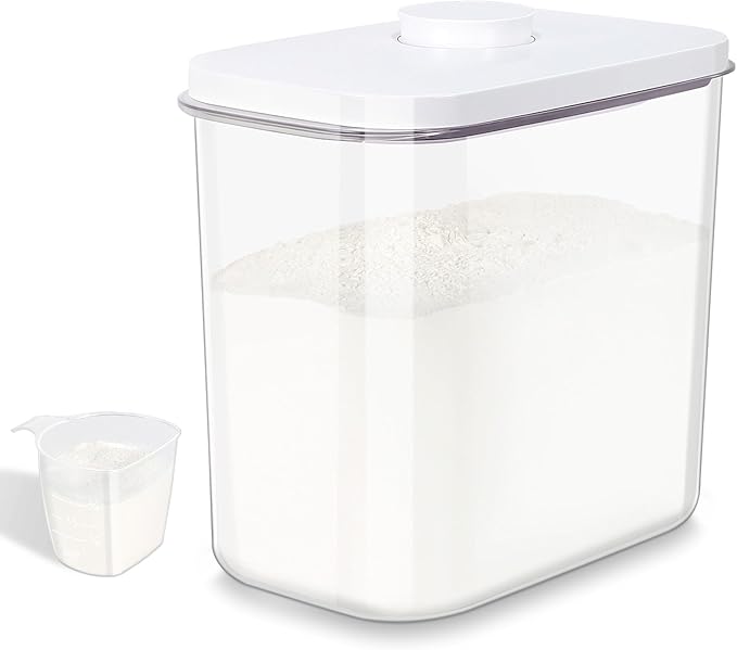 Airtight Rice Container 25 Lbs with Handle and Cup ??12.68Qt Large Flour Sugar Storage Container with Pop Up Seal & Hanging Lid Hooks, Clear Tall Food Storage Bin for Kitchen Pantry Organization