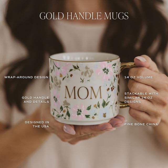 Sweet Water Decor Gold Bows Mug, 14oz Fine Bone China Coquette Tea Cup for Hot & Cold Drinks, Cute Coffee Mug with Golden Bow Patterned Design, Gold Handle & Rim, Gifts for Women