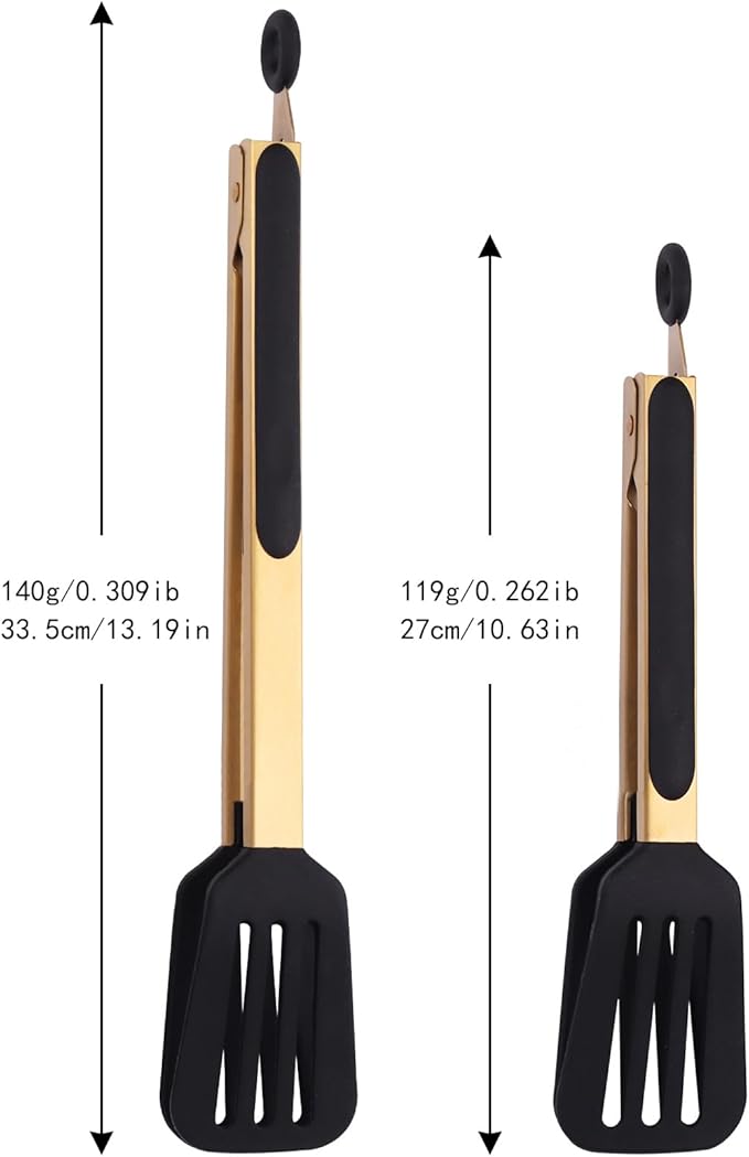 2-Piece Kitchen Spatula Tongs Food Serving Tongs 9" and 12" Cooking with BPA Free Silicone Tips(Gold)
