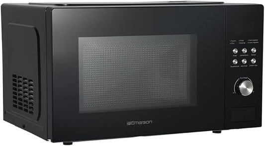Emerson MW1101B Countertop Microwave Oven with Button Control, LED Display 1000W, 10 Power Levels, 6 Auto Menus, Glass Turntable and Child Safe Lock, 1.1 Cu. Ft., Black