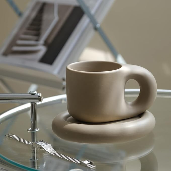 WENSHUO Chubby Funny Coffee Mug, Novelty Cute Cup and Saucer, Matte Cr챔me, 9 oz (Coconut Caf챕)