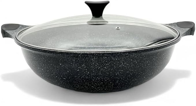 Non stick Marble Coated Two Handle Wok Pan with Lid 36cm, Black, HKA-147