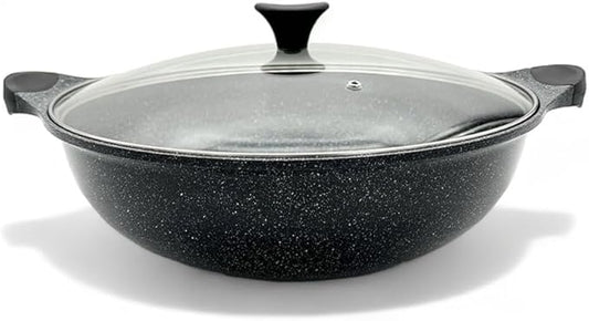 Non stick Marble Coated Two Handle Wok Pan with Lid 36cm, Black, HKA-147