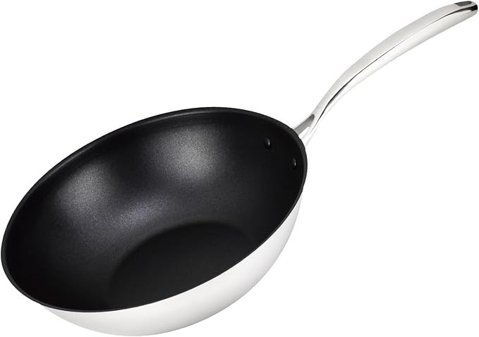 Magefesa Balance 11-Inch Stainless Steel Wok ??3-Layer Heat-Diffusing Bottom, Non-Stick Coating, Riveted Stainless Steel Handle, Induction & Oven Safe, Easy-Serve Rim, Polished Exterior