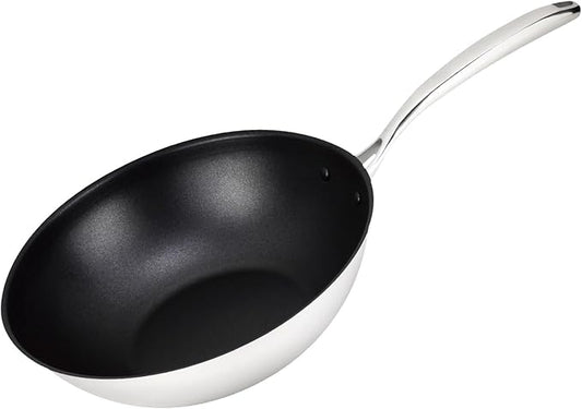 Magefesa Balance 11-Inch Stainless Steel Wok ??3-Layer Heat-Diffusing Bottom, Non-Stick Coating, Riveted Stainless Steel Handle, Induction & Oven Safe, Easy-Serve Rim, Polished Exterior