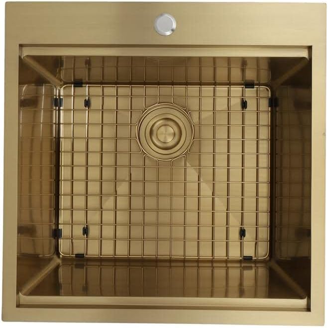 STARSTAR Workstation Ledge Top Mount/Drop-in Gold 304 Matte Stainless Steel Single Bowl For Kitchen,Yard, Office, Bar, Laundry Sink (22 x 22 x 12)