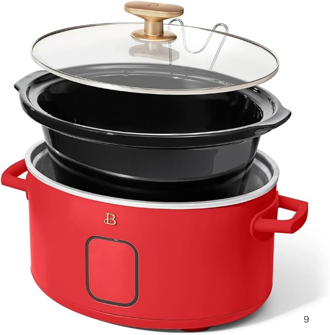 Beautiful 6 Quart Programmable Slow Cooker by Drew Barrymore ??Large Capacity, Ceramic Removable Pot, Tempered Glass Lid, Dishwasher Safe, Auto Keep Warm (Tomato Red)