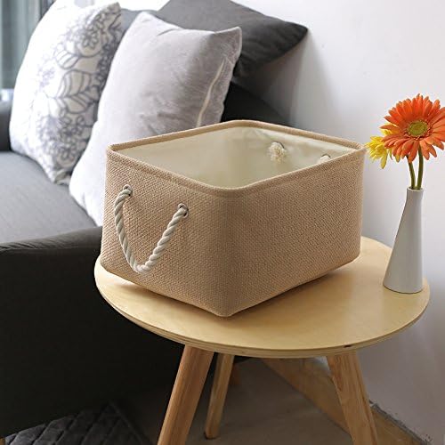 TheWarmHome Decorative Basket Rectangular Small Storage Basket Fabric Storage Bin Organizer Basket with Handles for Clothes Storage (Beige, 11.8L횞7.9W횞5.2H inch)