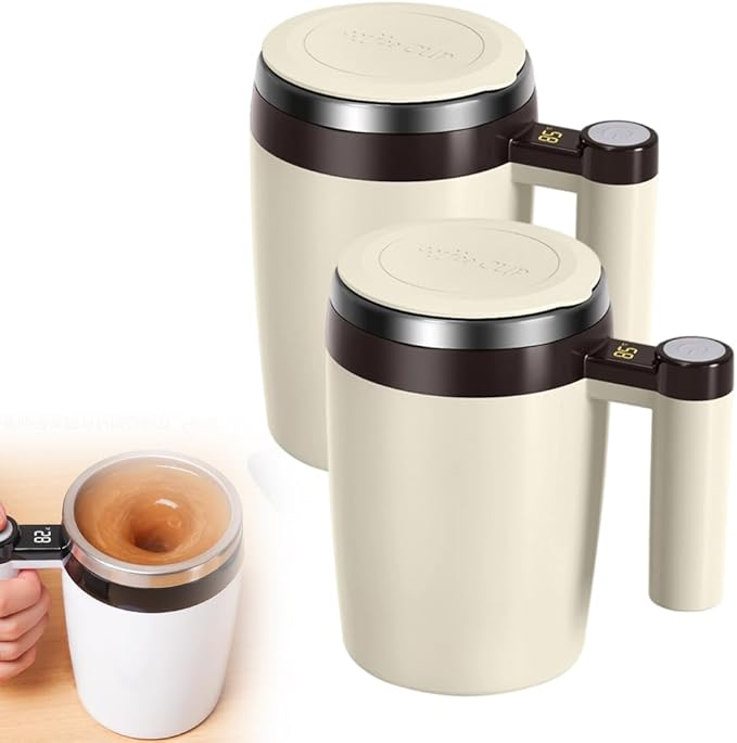 Electric Magnetic Stirring Coffee Mug, 2026 New Automatic Stirring Coffee Cup with Temperature Display, 12.85oz Self-Stirring Mug with Lid Suitable for Coffee, Milk, and Other Beverages (2PCS Brown)