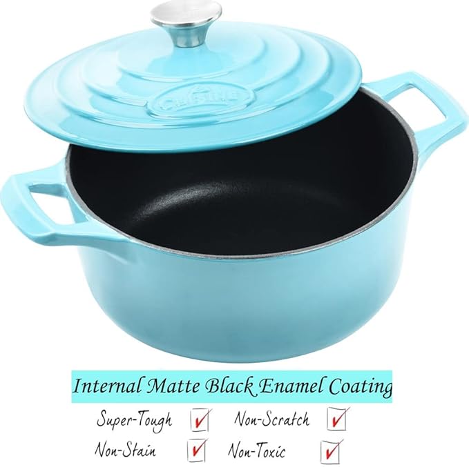 La Cuisine Enameled Cast Iron Dutch Oven Casserole Dish Pot with Lid, 2.1 QT 7.8" /20cm Dia. Internal Matte Black Enamel Coating, 2-tone Teal Enamel Exterior, Oven Safe up to 500째 F for bread baking