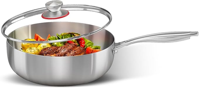Tri-ply Stainless Steel Saute Pan 6-Quart with Clear Lid Deep Frying Pan for Chef's Cooking Wok Induction Oven Dishwasher Safe, Compatible with All Cooktops(Detachable Handle, 12 Inch)