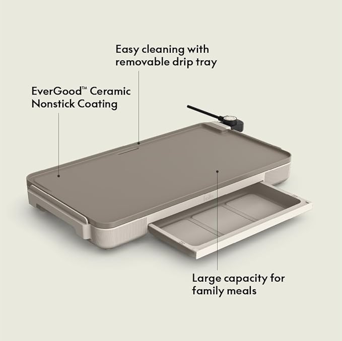 bella 12" x 22" Electric Griddle with Warming Tray, EverGood??Ceramic Nonstick Coating & Removable Temperature Probe, Dishwasher-Safe Drip Tray & Cool Touch Handles, 1500 Watt, Oatmilk