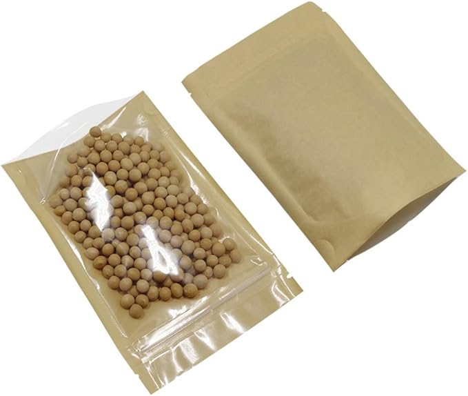 FERENLI 50 Pcs 3.9x5.9 inch (Inside Size 3.1x3.3) Clear Front Brown Kraft Paper for Zip Plastic Package Lock Bag Doypack Stand Up Pouch Reclosable Pouch Nuts Coffee Food Storage Packaging Pack