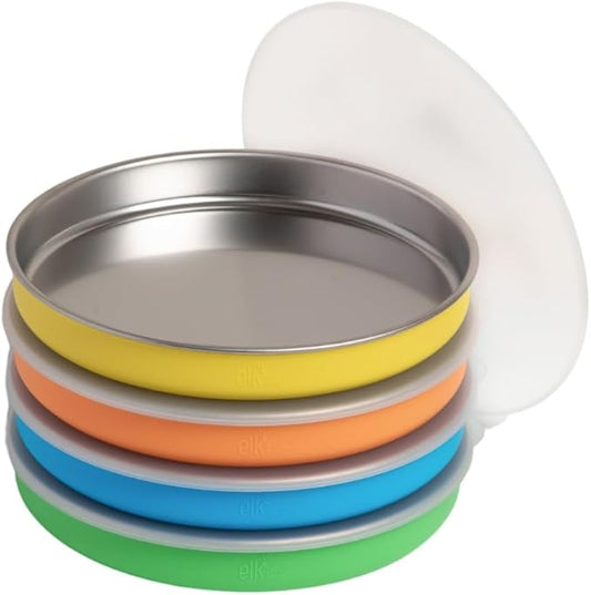Elk and Friends 7.8??Stainless Steel Non Divided Plates with Silicone Sleeve + Storage Lid | Baby, Toddler, Kids | Dishwasher Safe | Dinner & Snack Plates | 4 Pack