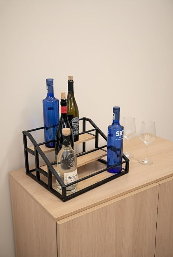 AT-VALY 3-Tier Liquor Bottle Display Shelf, Iron&Bamboo Countertop Wine Rack, Liquor Cabinet for Home Decor, Mini Bar (Black)