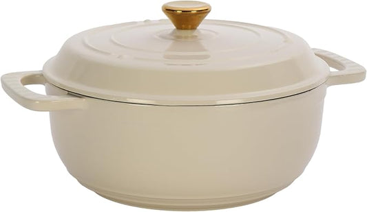 Enameled Cast Iron Dutch Oven, Ceramic White, 6 Quart, with Gold-Tone Lid Knob and Silicone Oven Mitts