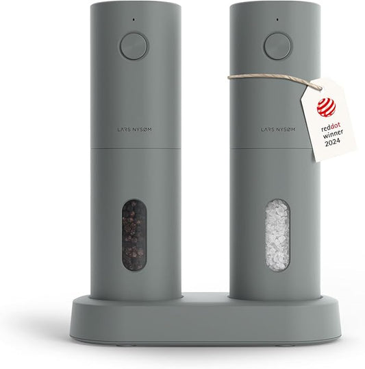 LARS NYS횠M Electric Salt and Pepper Grinder Set, USB Rechargeable, Automatic Salt and Pepper Mills, Spice Shakers Refillable with LED Light, Adjustable Coarseness, Ceramic Grinder (Ash Gray)