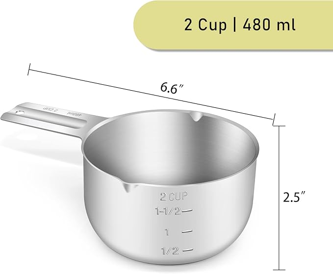 BERYLER 1PCS 2Cup (480ml, 16oz) Single Measuring Cup, Stainless Steel Measure Scoop, Metric and US Measurement, Dishwasher Safe