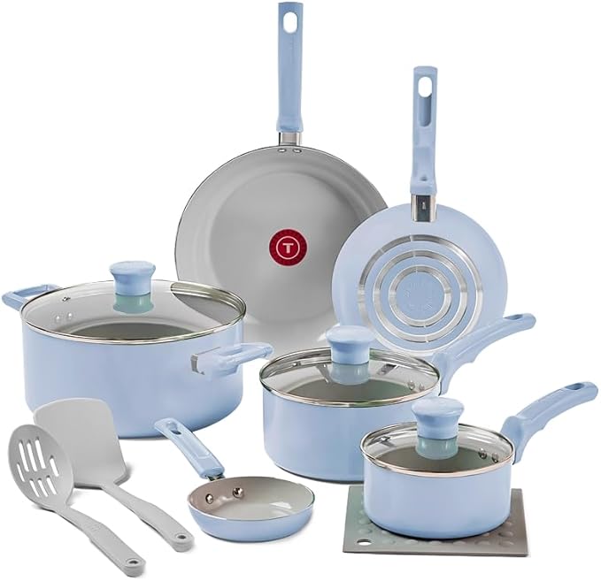 T-Fal Refresh Ceramic Nonstick Cookware Set, 12-Piece Nonstick Cookware, Oven Safe to 350째F, Stockpot, Griddle, Frying Pans, Utensils, Ceramic Pots and Pans Set, Blue