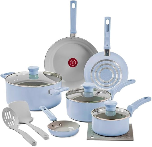 T-Fal Refresh Ceramic Nonstick Cookware Set, 12-Piece Nonstick Cookware, Oven Safe to 350째F, Stockpot, Griddle, Frying Pans, Utensils, Ceramic Pots and Pans Set, Blue
