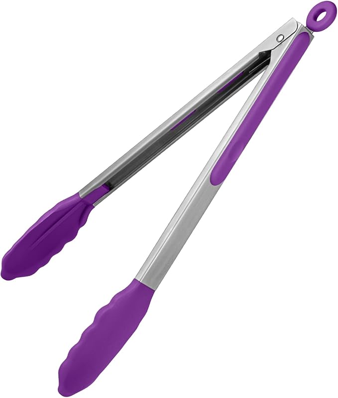 600쨘F Heat Resistant Kitchen Tongs: U-Taste 12 inch Large Silicone Cooking Tong with Sturdy Non Stick Rubber Tips & Silicon Coated 18/8 Stainless Steel Handle & Smooth Locking for Serving Grill-Purple