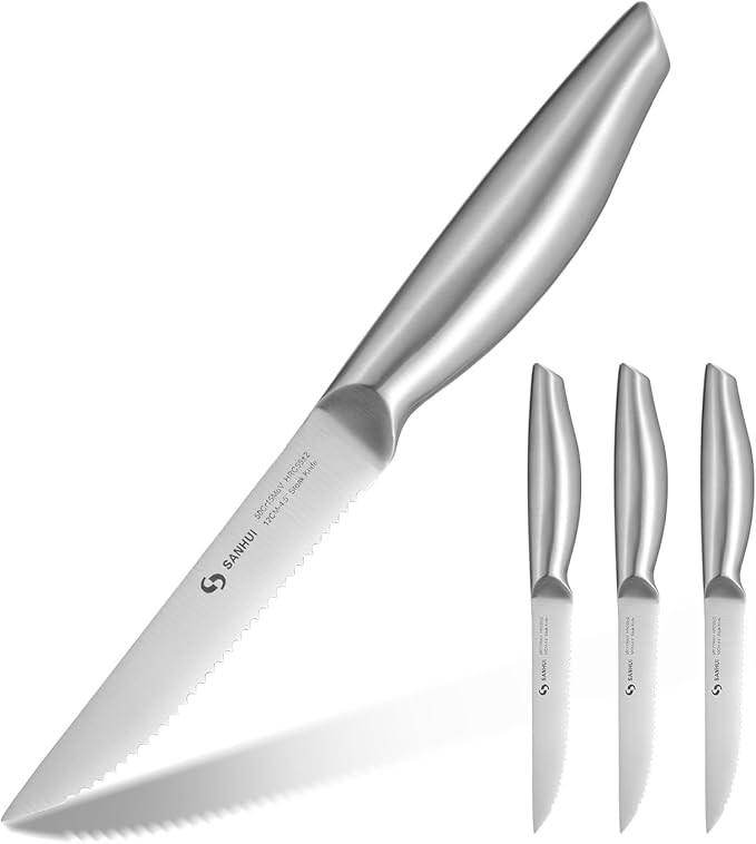 Steak Knives, Steak Knife Set of 4, German Stainless Steel Steak Knife Serrated, Silver
