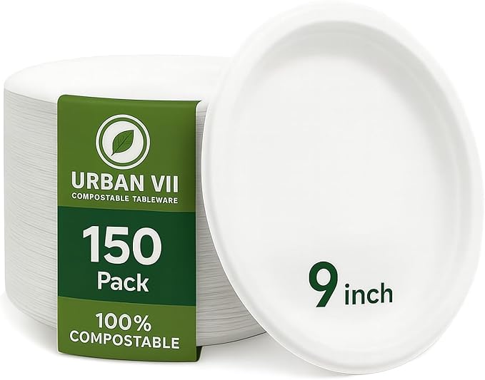 9-Inch Compostable Paper Plates ??Heavy-Duty Disposable Bagasse (Sugarcane Fiber) Plates, Eco-Friendly Biodegradable Dinnerware, Microwave-Safe & Leak-Proof (150-Pack)
