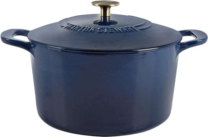 MARTHA STEWART Gatwick 7-Quart Enamel Cast Iron Dutch Oven Pot with Lid ??Navy Blue with Gold Knob ??Durable Heavy-Duty Dutch Oven for Slow Cooking & Braising