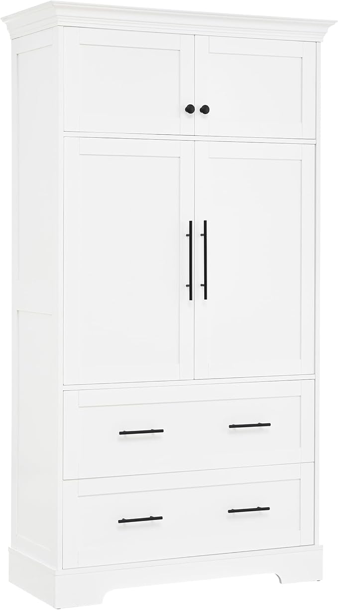 Merax 72.6" Farmhouse Kitchen Pantry Cabinet with Pull-Out Trays & Drawers, Freestanding Pantry with Cake Pan Storage, 4-Door Shaker Style Storage Cabinet, 40" L x 18" W, White