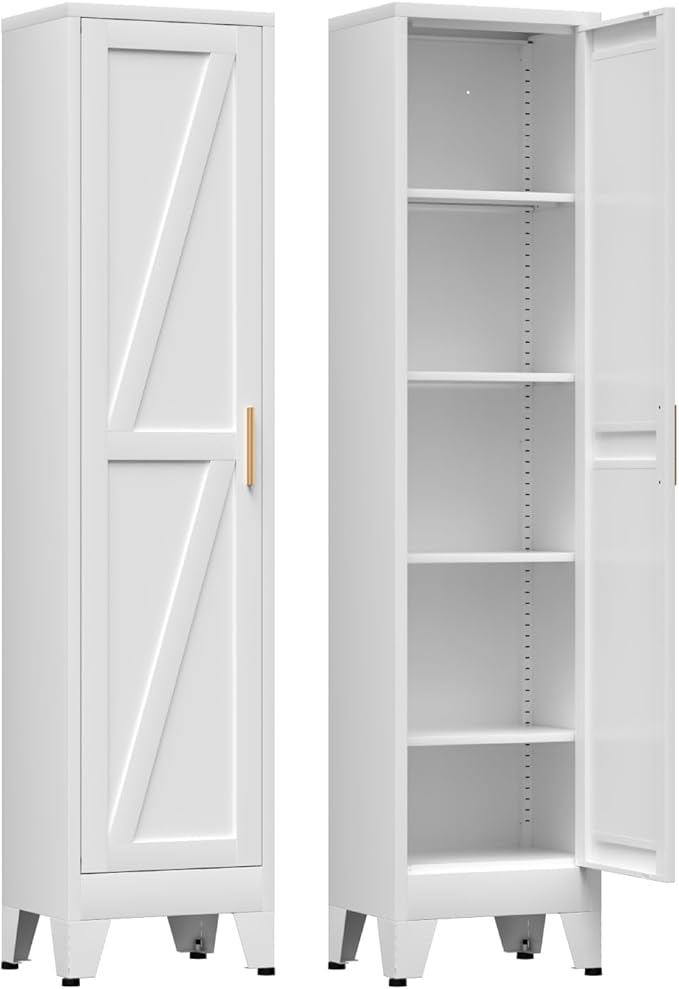 COFaR 67'' Tall Slim Bathroom Storage Cabinet, Metal Narrow Bathroom Cabinet with 4 Adjustable Shelves and One Door, Skinny Cabinet Storage for Kitchen Laundry, White Farmhouse 5 Tiers