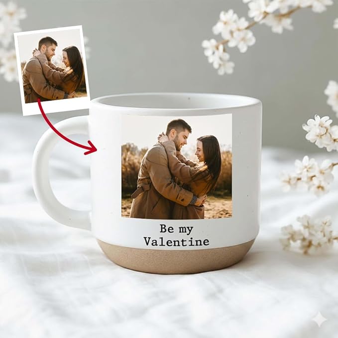 Custom Valentine Pottery Mug with Photo, Personalized Couple Coffee Cups, Custom Valentine Gifts for Girlfriend Boyfriend, Personalized Gifts for Couple