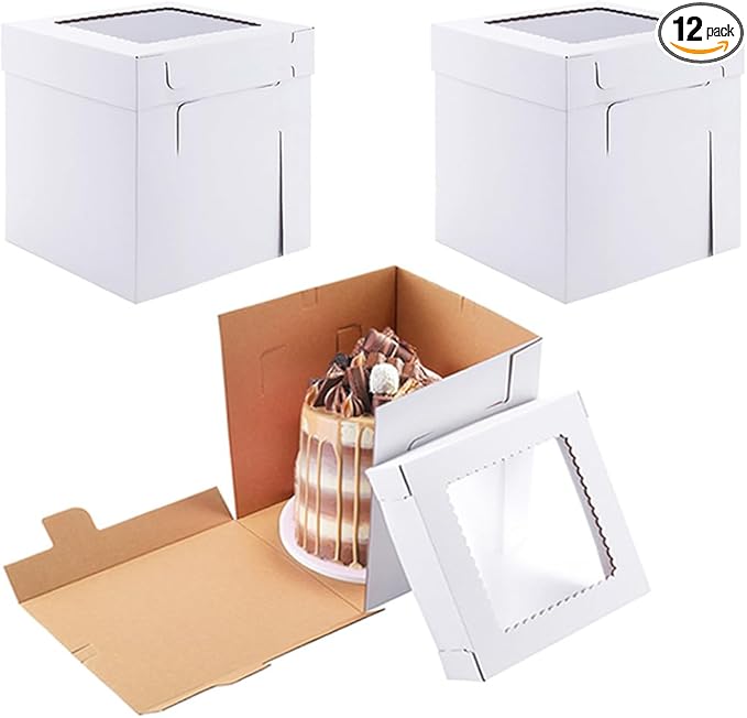 Tall Cake Boxes for Tier Cakes,8x8x8 Inch [12Pack ] Thick Sturdy Cake Box with Window, White Cake Carrier,Disposable Cake Containers