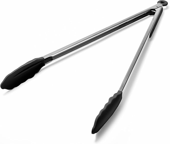 Doosu Kitchen Tongs for Cooking - 600째F Heat Resistant Food Tong with Non-Scratch Silicone Tips, Heavy Duty Stainless Steel Locking Tong for BBQ, Grilling Steak, Serving Salad, Pasta (16in, Black)