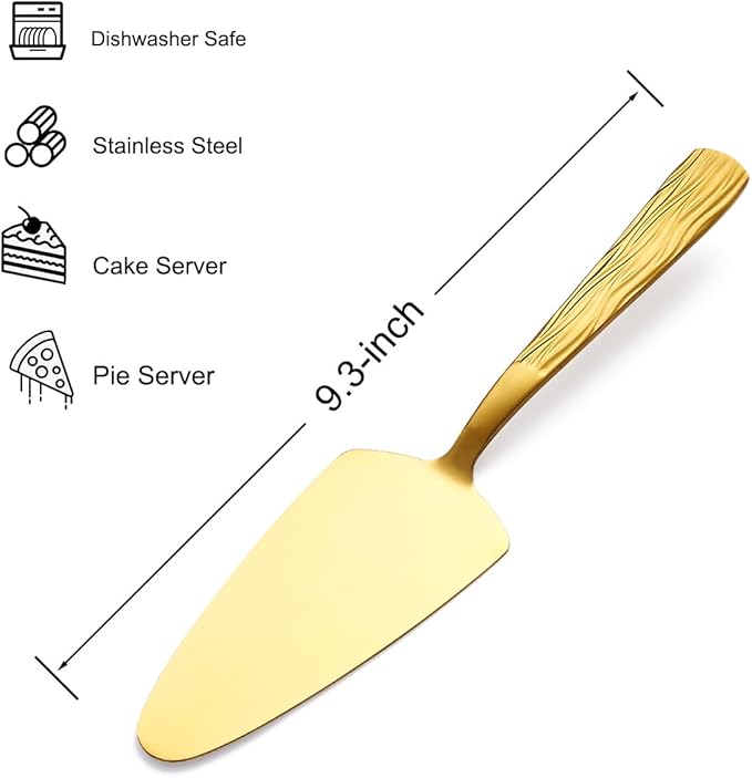 Gold Cake Pie Server, 9.3-inch Stainless Steel Pizza Pie Pastry Server, Set of 3, Cake Serving Set with fashion patterns, Dishwasher Safe