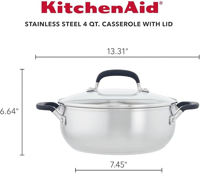 KitchenAid 71021 Stainless Steel Casserole with Lid, 4 Quart - Brushed Stainless Steel