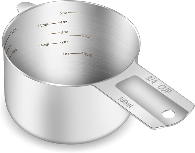 BERYLER 1PCS 3/4Cup (180ml, 6oz) Single Measuring Cup, Etched Inner Scale Stainless Steel Measure Scoop, Metric and US Measurement, Dishwasher Safe