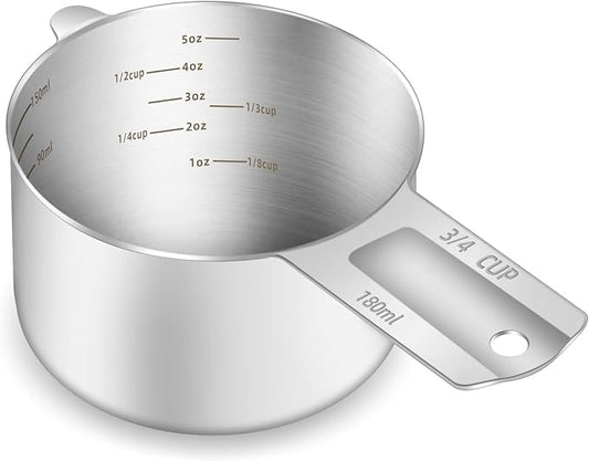 BERYLER 1PCS 3/4Cup (180ml, 6oz) Single Measuring Cup, Etched Inner Scale Stainless Steel Measure Scoop, Metric and US Measurement, Dishwasher Safe