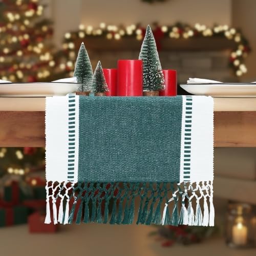 PurpleEssences Table Runner - Wide with Dobby Stripe, Heavy Ribbed Weave & Double Knot Fringes, 14x90 Inch (14x95.5 with Fringes) Farmhouse Decor Christmas Holiday Winter - Forest Green and White