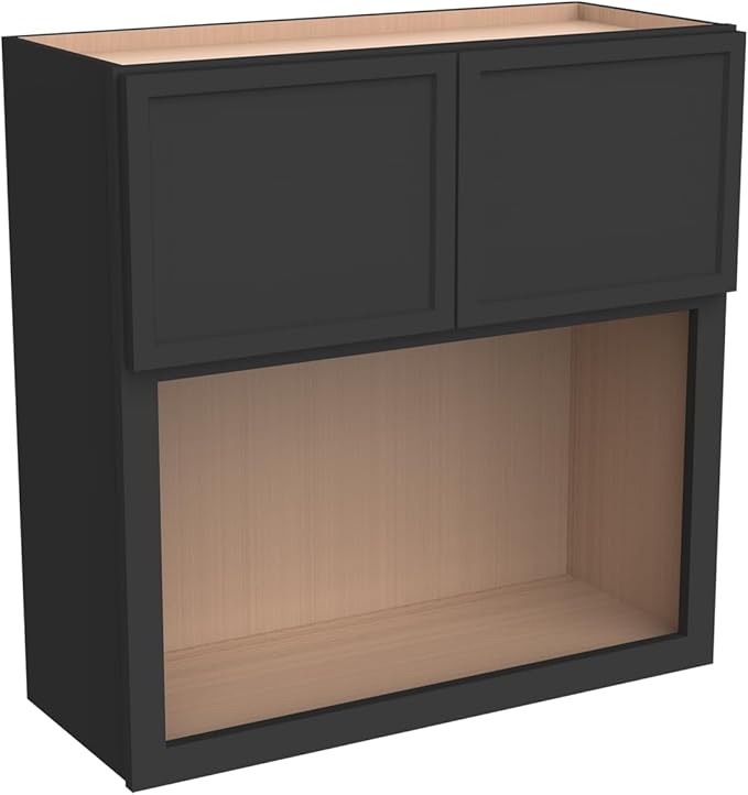 Solid Wood RTA Wall Microwave Open Shelves Cabinet Kitchen Pantry Storage Cabinet with 2 Doors - Newtown Charcoal Black, 30'W24'D36'H