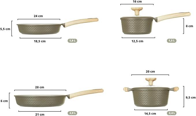 Bamb첫 6Pcs Cookware set, Die-cast Aluminum pots and pans, Nonstick frying pans and casseroles, Induction safe, PFOA-free (Green and Cream, 6 pcs)